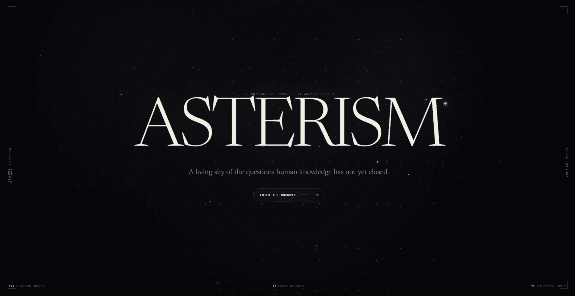 Asterism title screen with a centered wordmark, entry button, and star-filled observatory field.