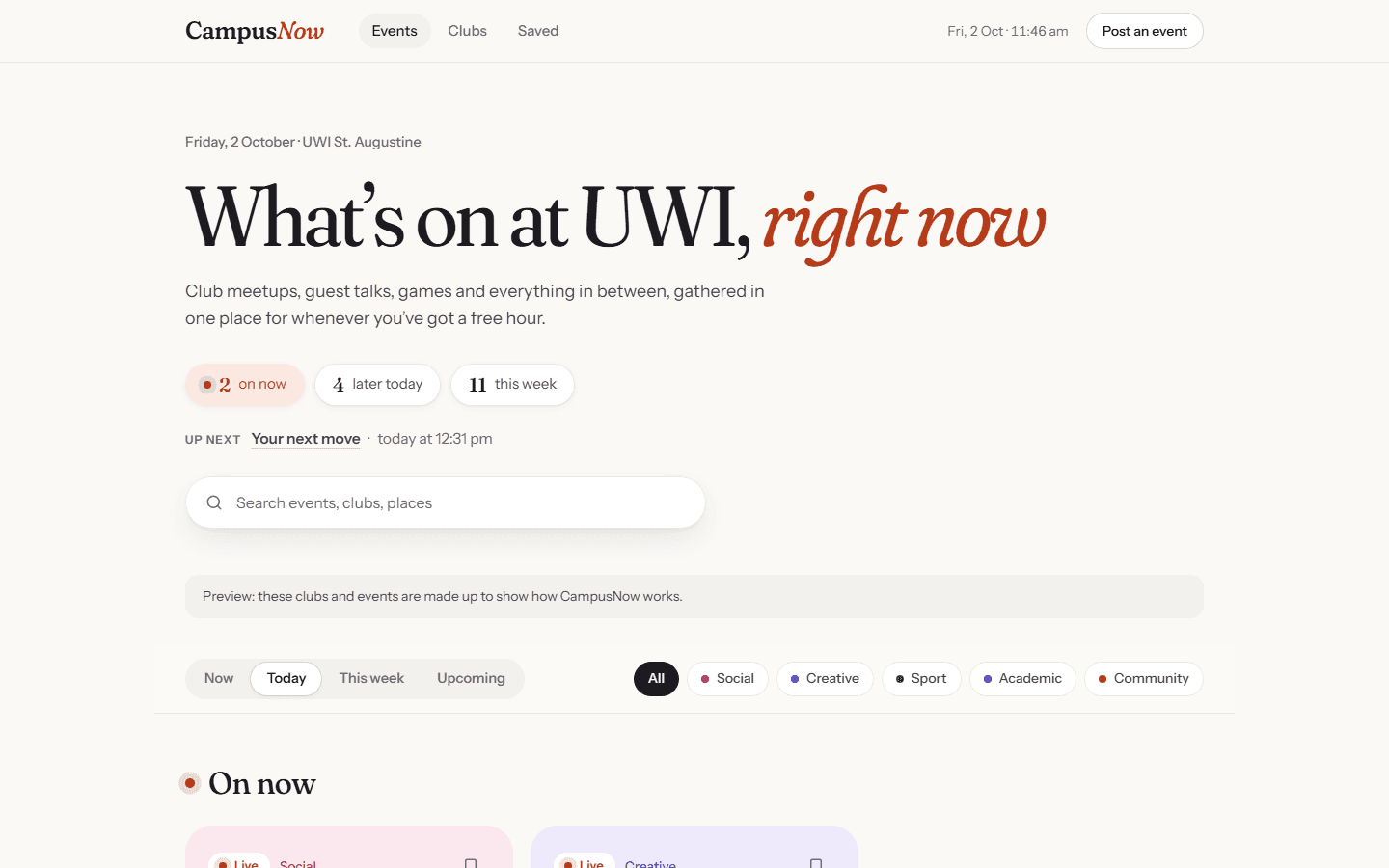CampusNow demo preview with a campus event search and time filters.