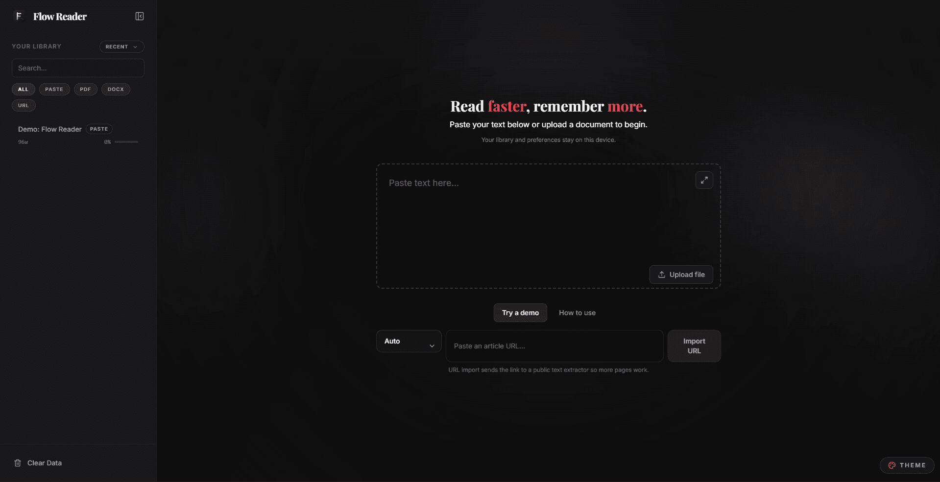 Flow Reader workspace showing its library and text import controls.