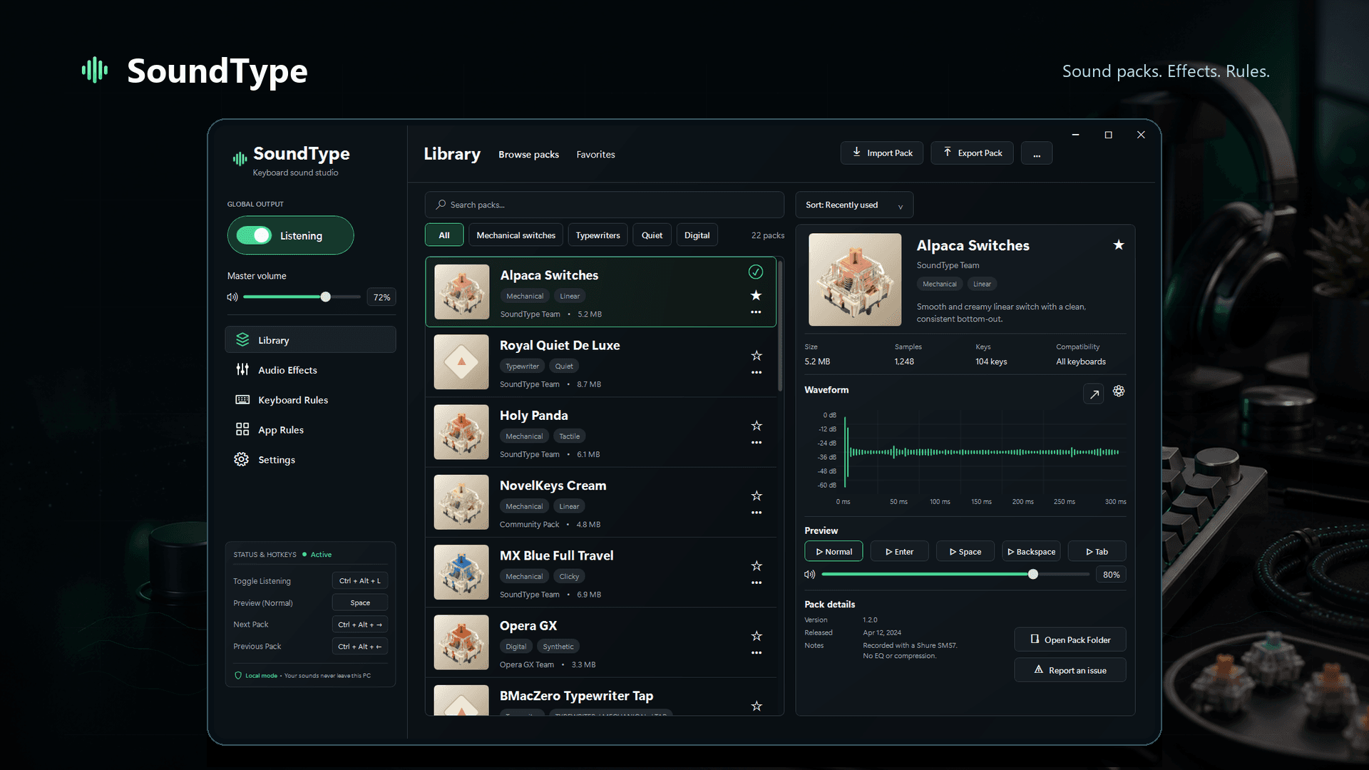 SoundType keyboard sound studio showing its sound pack library and waveform preview.