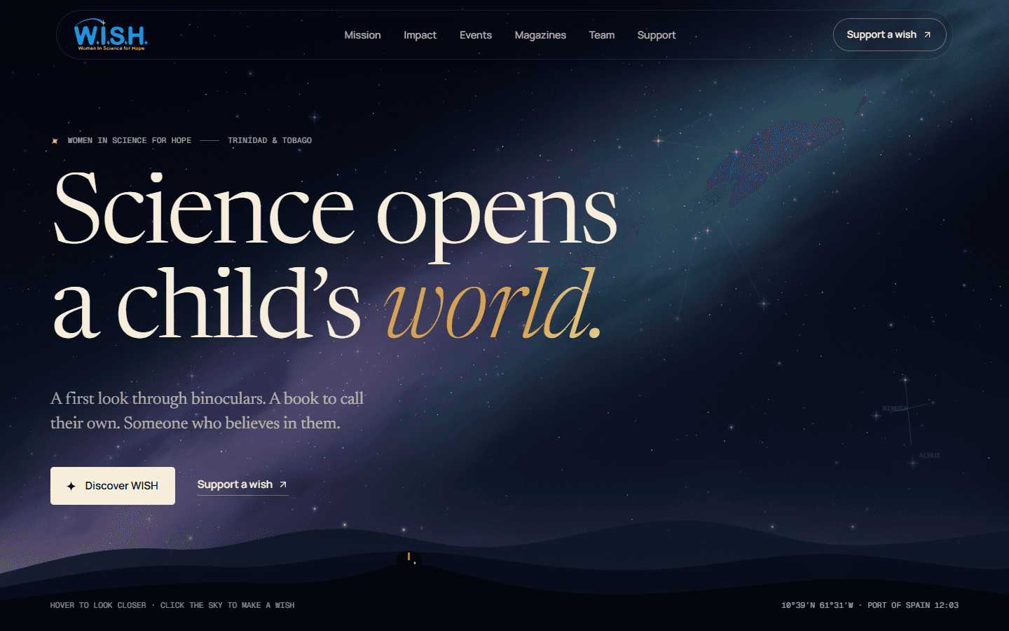 W.I.S.H. Foundation homepage showing its night sky and science outreach message.