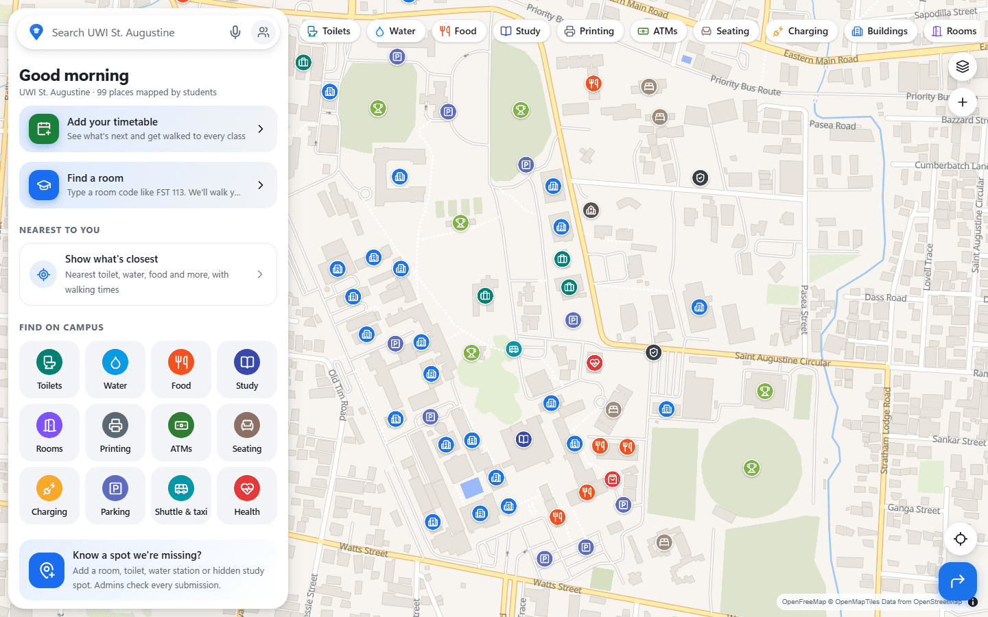 Campus Maps showing a search bar, a find-a-room shortcut, campus category buttons, and a map of UWI St. Augustine with building and amenity pins.